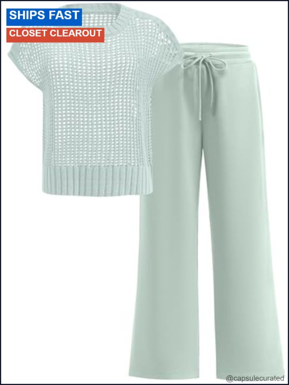 Two Piece Crochet Pointelle Knit Sweater Set Short Sleeve Lounge Travel